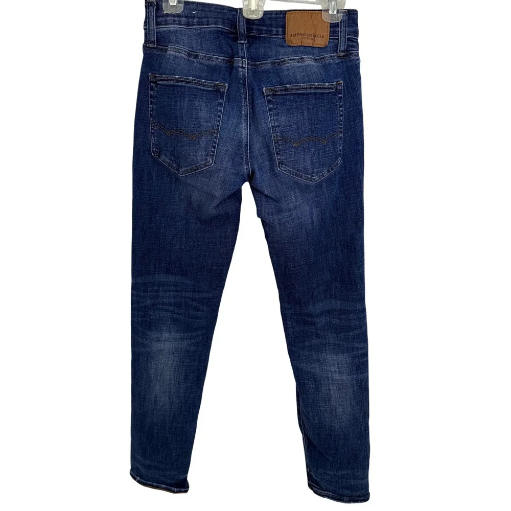American Eagle Slim Straight Jeans Womens 28x32‎ Dark Wash Distressed Denim